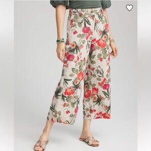 Chico’s linen cargo wide leg crop pants beige coral green pink floral size 12